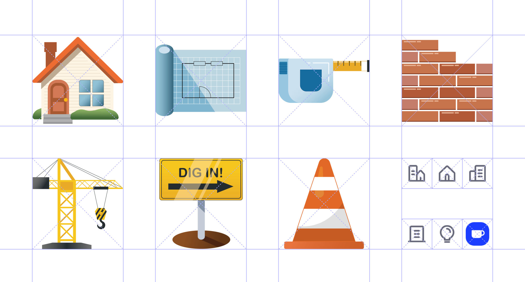 BuildBase icon library — house, blueprint, tape measure, brick wall, crane, sign, cone and UI glyphs