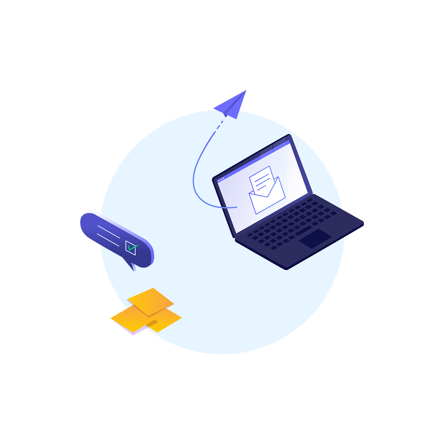 Communication illustration — laptop sending a document with a paper plane