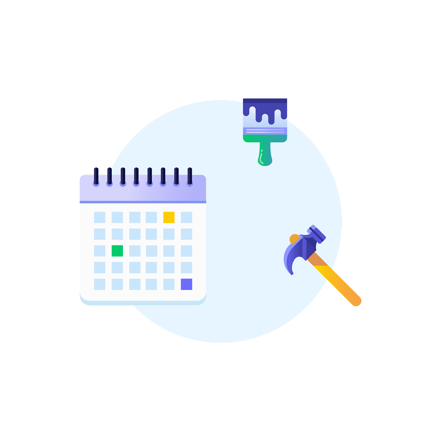 Process illustration — calendar with a highlighted day, hammer and paintbrush