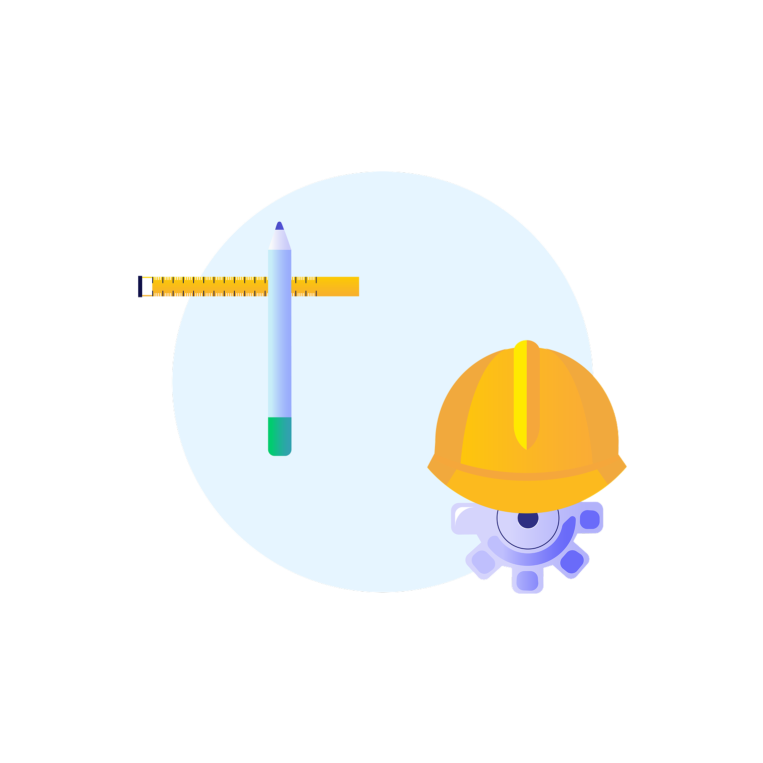 Technical illustration — pencil, tape measure, hard hat and gear