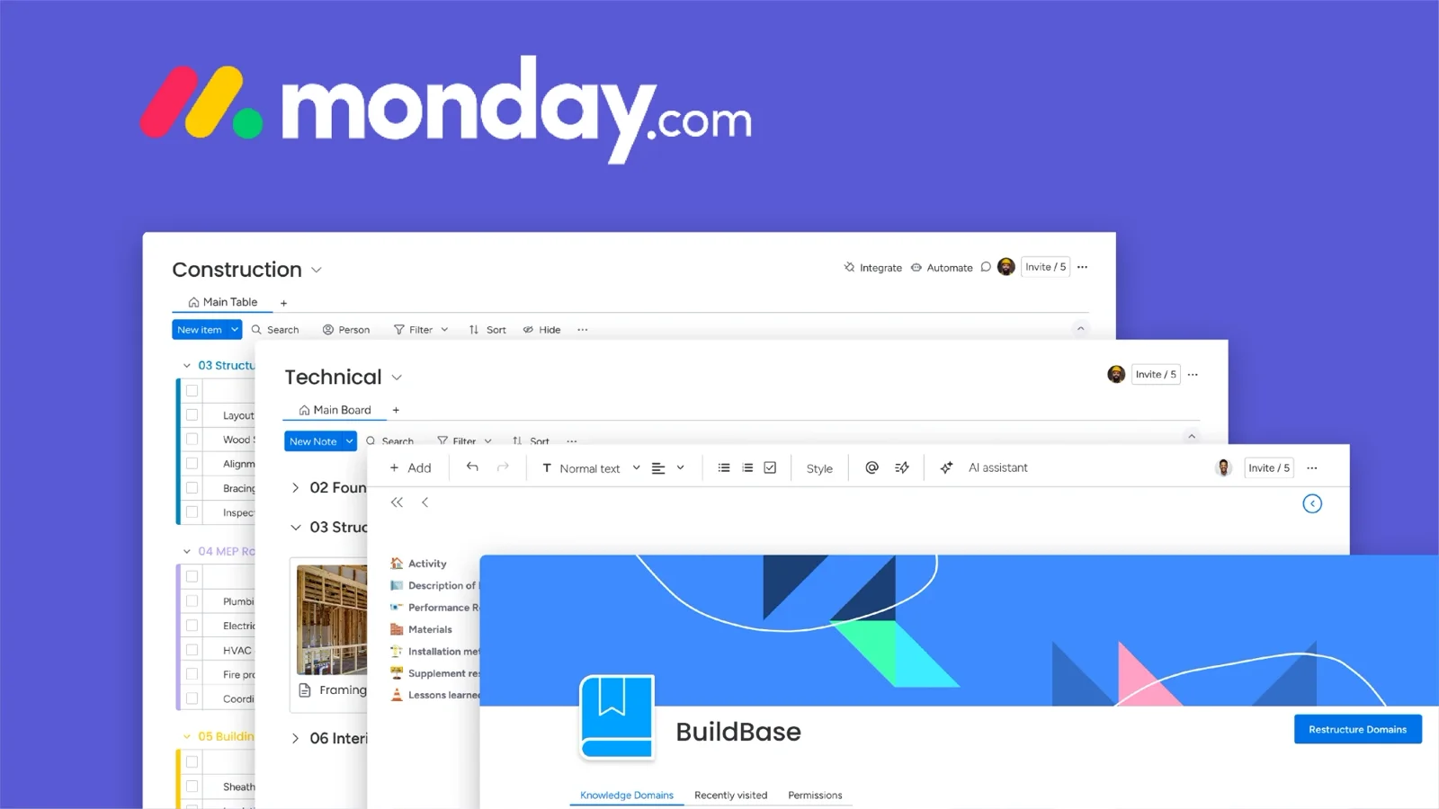 BuildBase — knowledge pages layered over monday.com construction boards