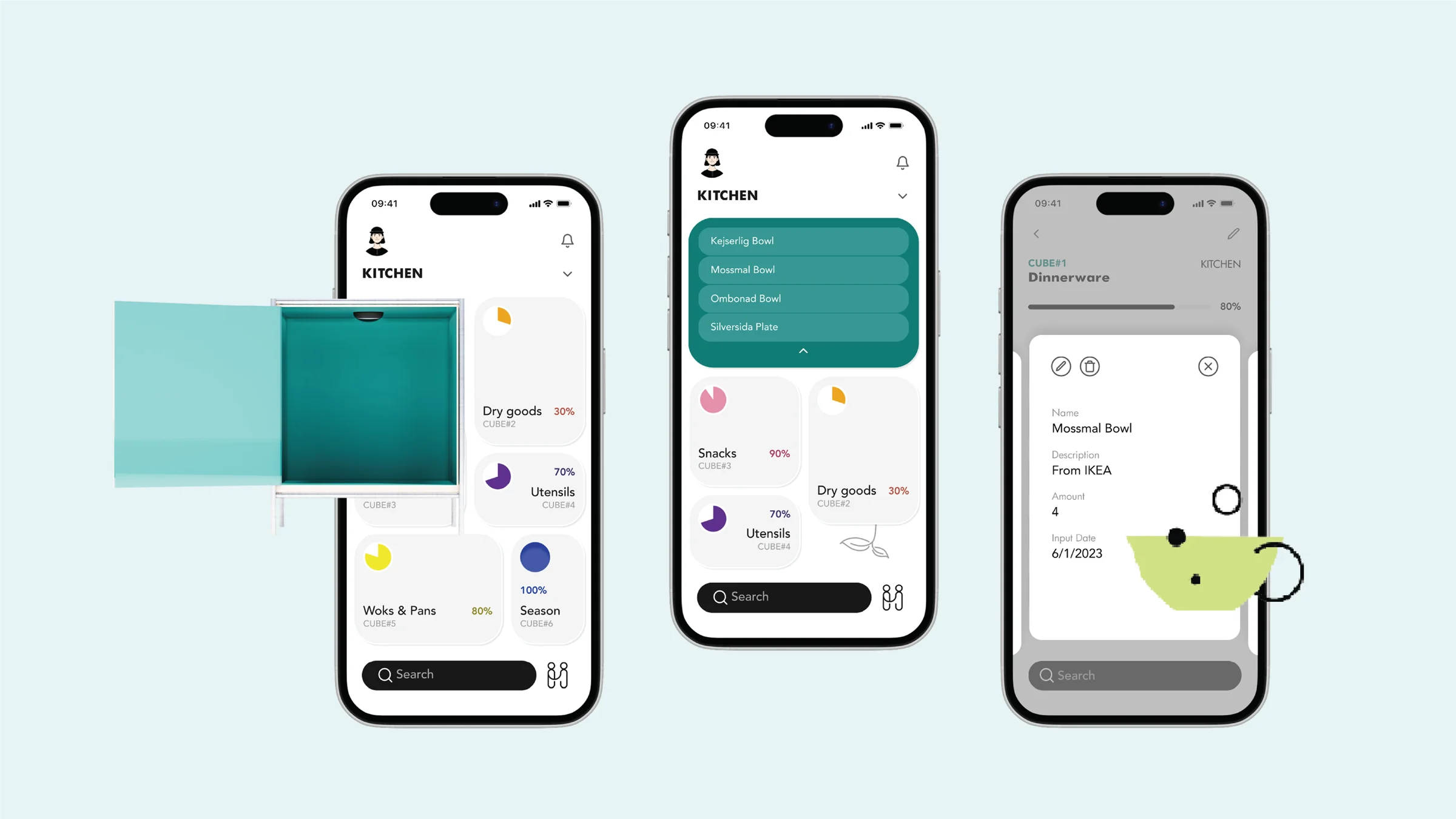 EssenCube — the smart storage cube beside three screens of the companion app