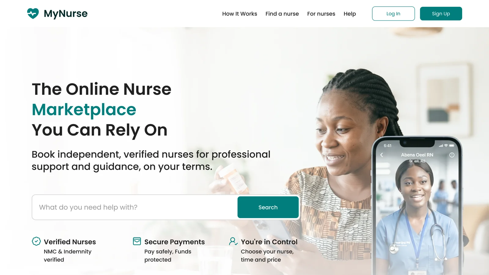 MyNurse — landing page hero: The Online Nurse Marketplace You Can Rely On, with a search bar and a nurse on a video call